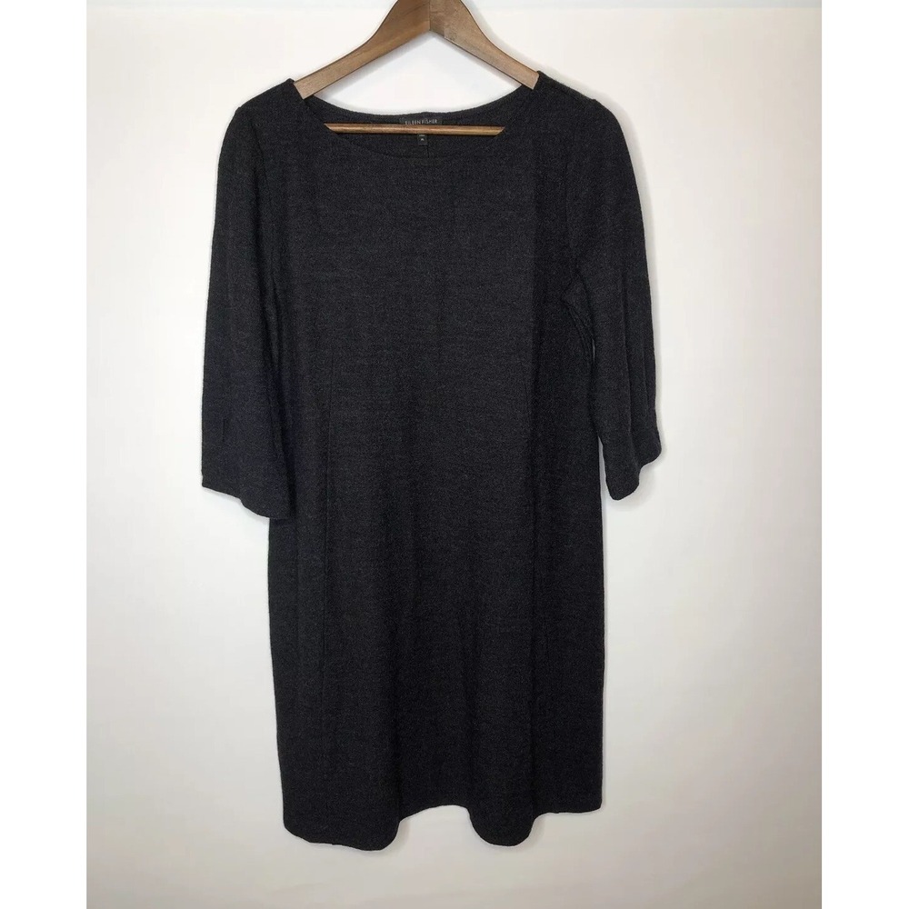 Eileen Fisher Dress Medium‎ 100% Wool Shift 3/4 Sleeve A-Line Charcoal Gray